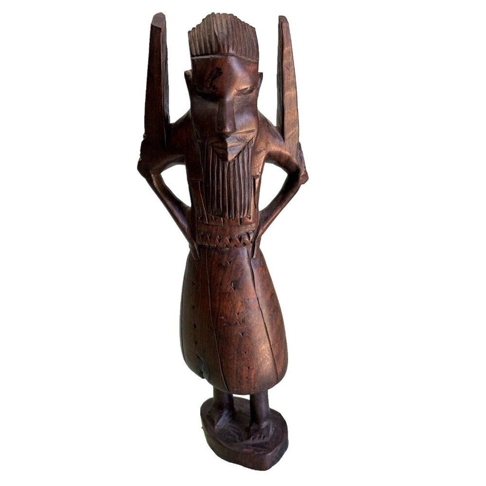 African Tribal Hand Carved Male Elder Winged Shoulder Ebony Wood Figurine Kenya
